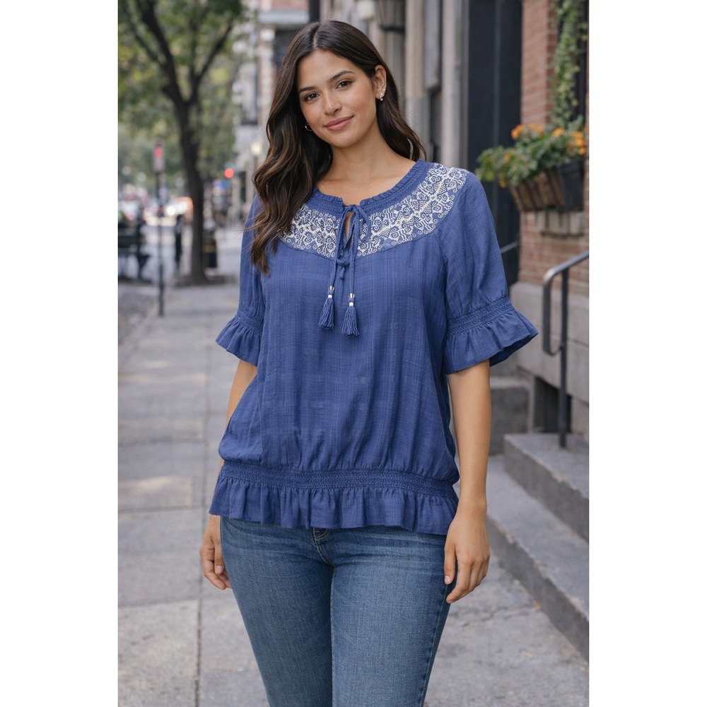 Tory Burch Bouse Embroidered Tassel Peasant Blouse Smocked Top XL